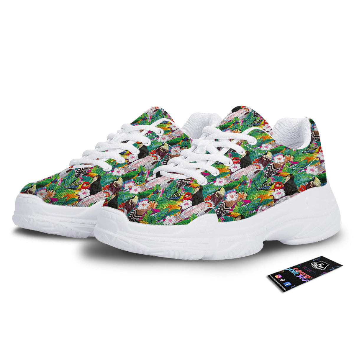 Palm Leaves And Bird Of Paradise Print White Chunky Shoes-grizzshop
