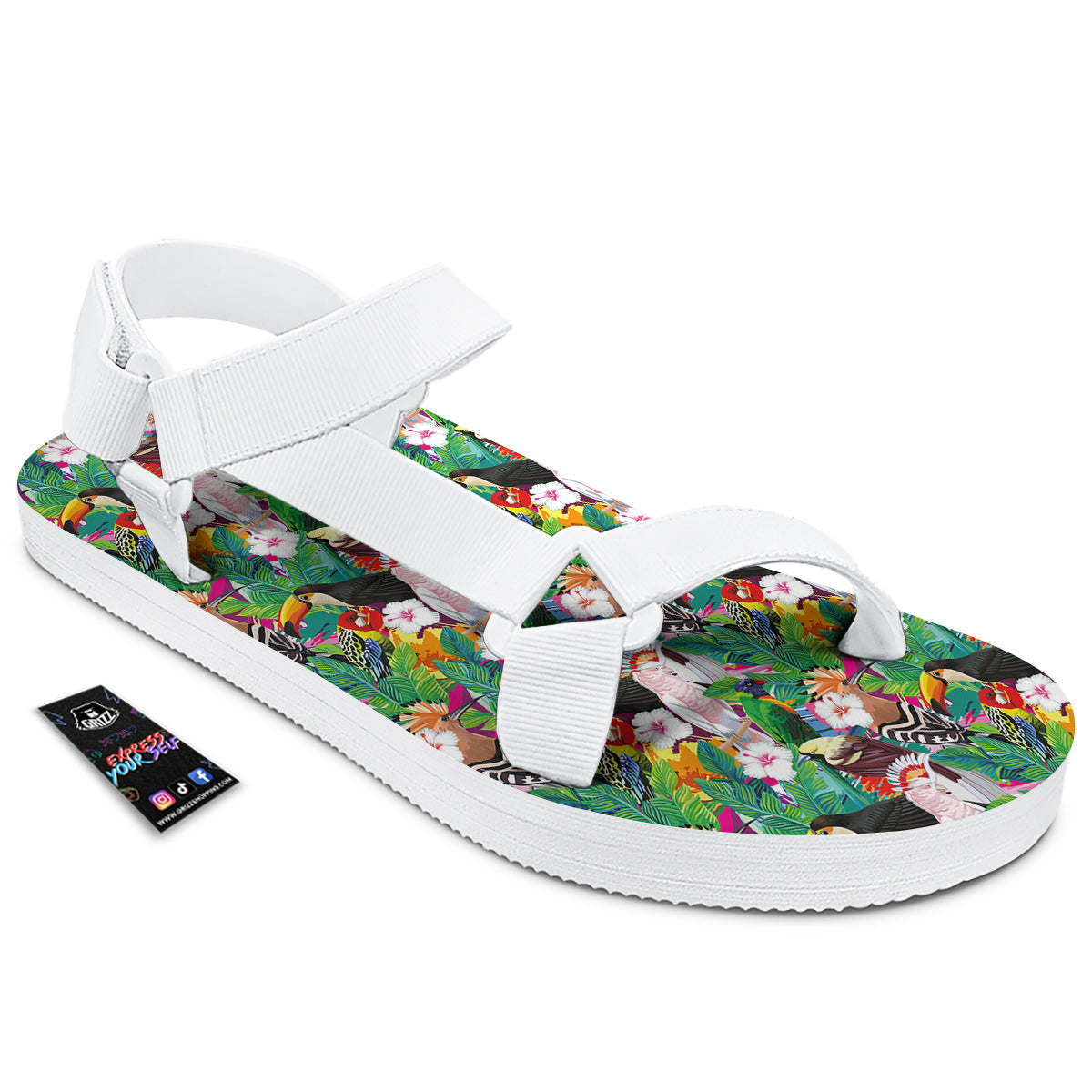 Palm Leaves And Bird Of Paradise Print White Open Toe Sandals-grizzshop