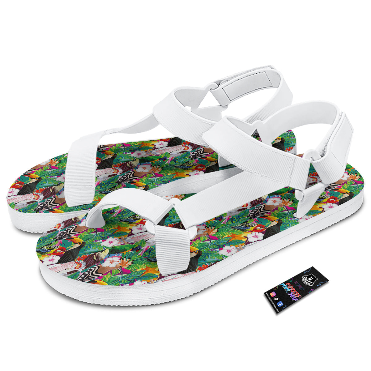 Palm Leaves And Bird Of Paradise Print White Open Toe Sandals-grizzshop