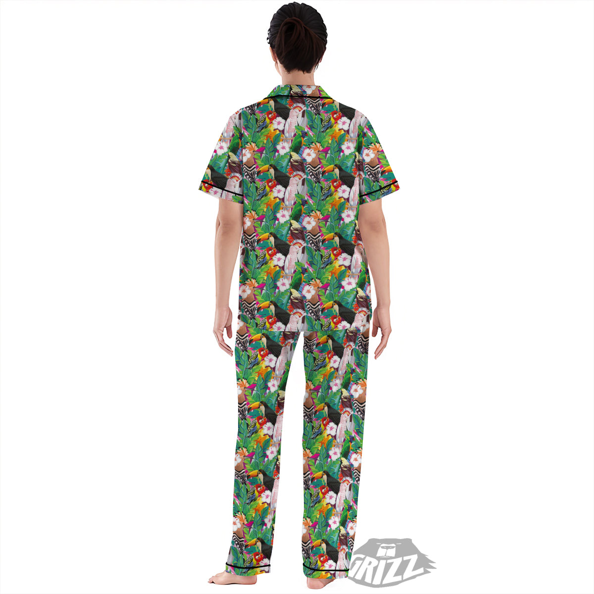 Palm Leaves And Bird Of Paradise Print Women's Pajamas Set-grizzshop