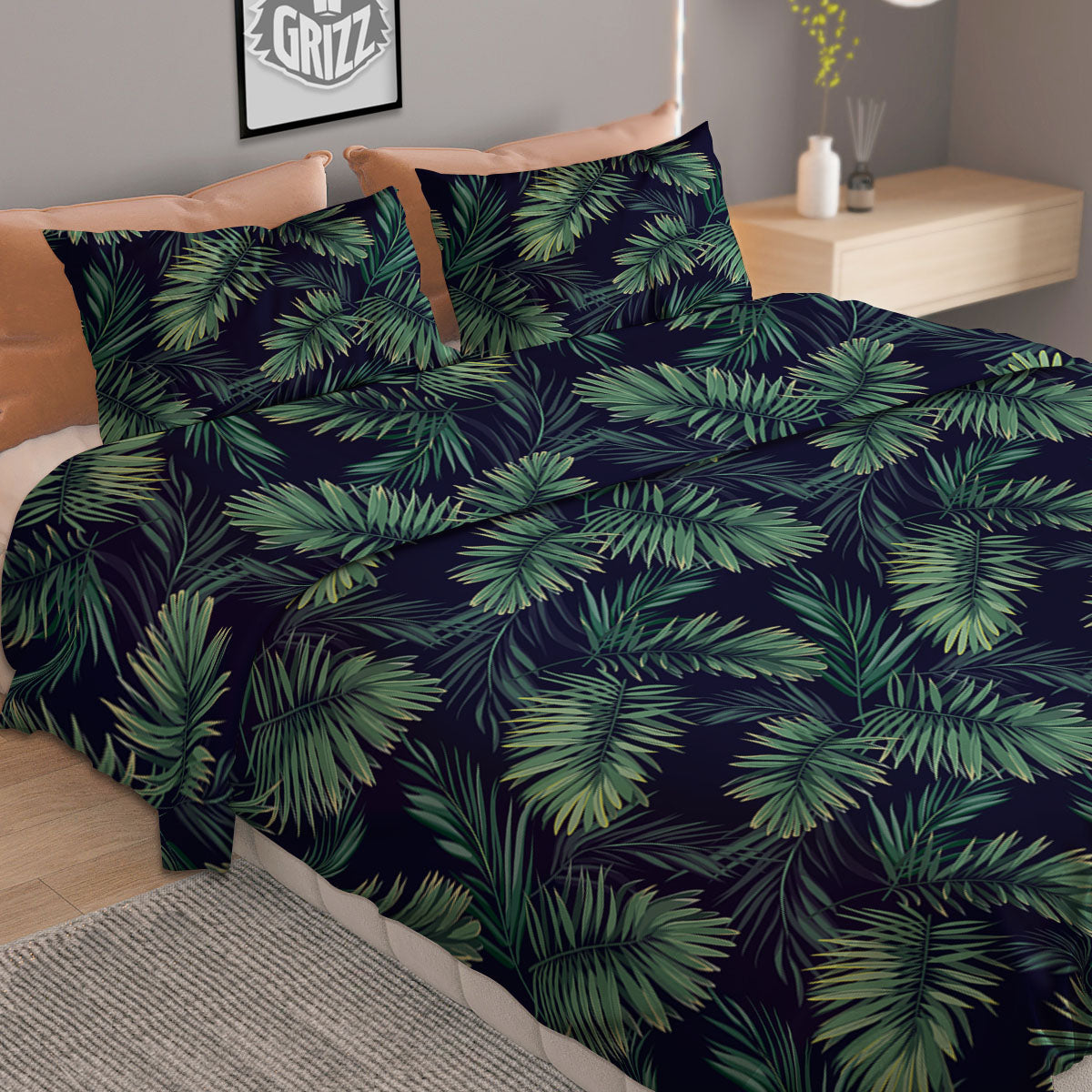 Palm Leaves Dark Tropical Print Pattern Duvet Cover Bedding Set-grizzshop