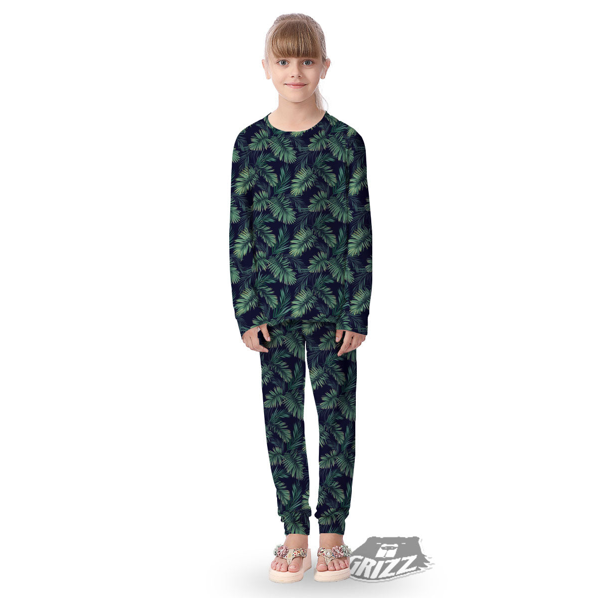 Palm Leaves Dark Tropical Print Pattern Kid's Pajamas-grizzshop
