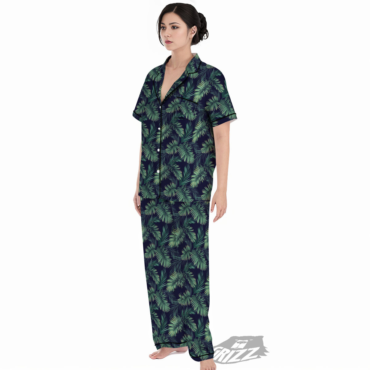 Palm Leaves Dark Tropical Print Pattern Women's Pajamas Set-grizzshop