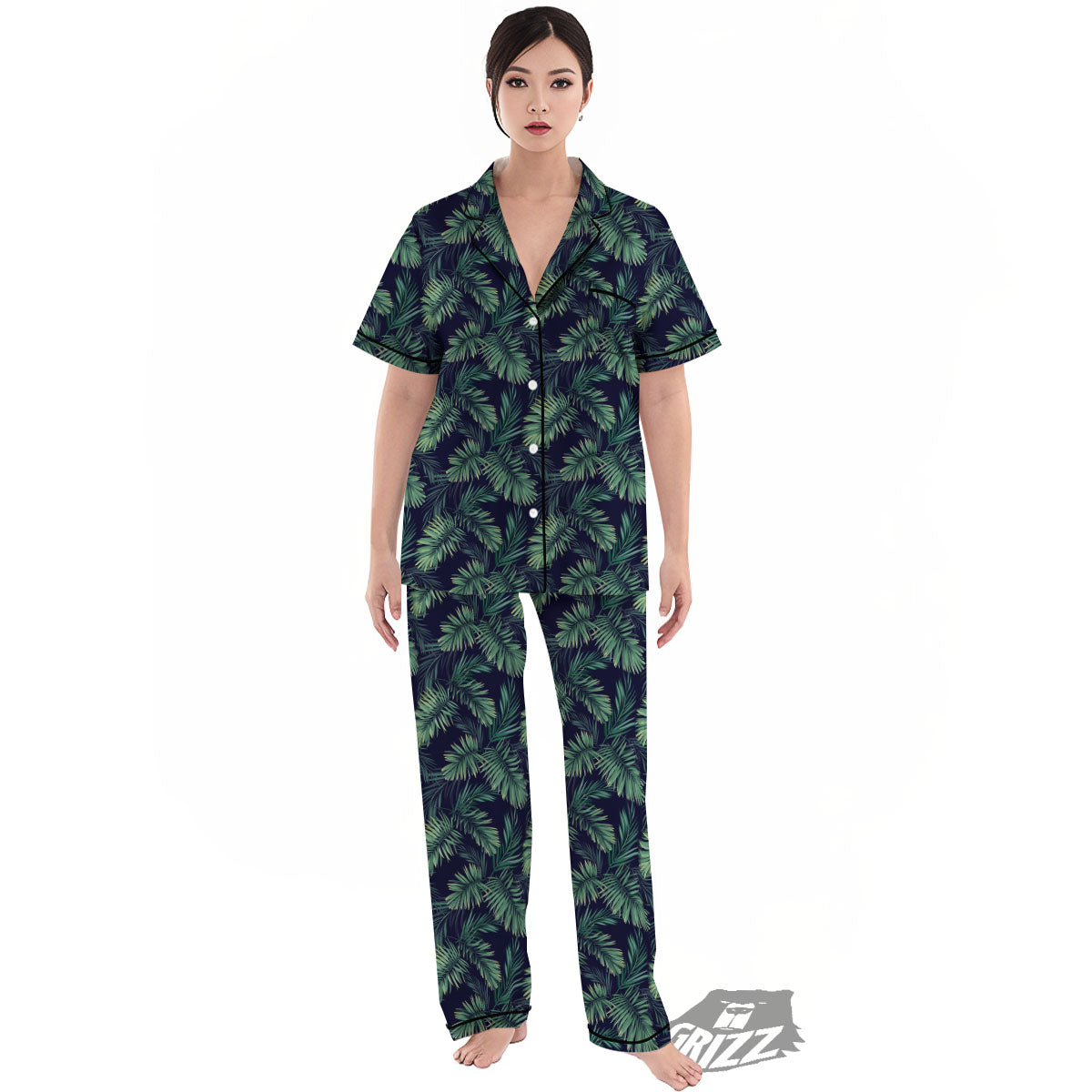 Palm Leaves Dark Tropical Print Pattern Women's Pajamas Set-grizzshop