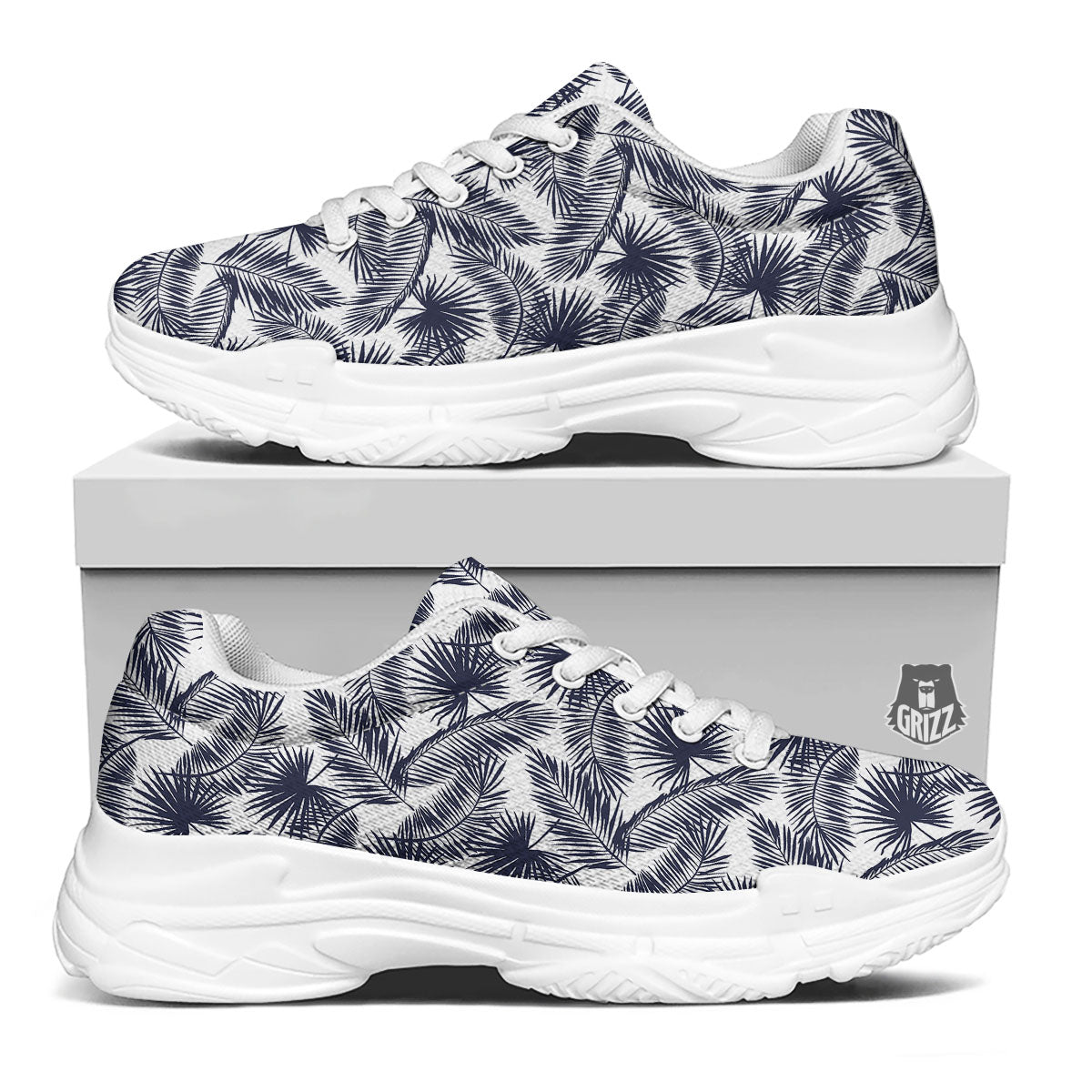 Palm Leaves White And Black Print White Chunky Shoes-grizzshop