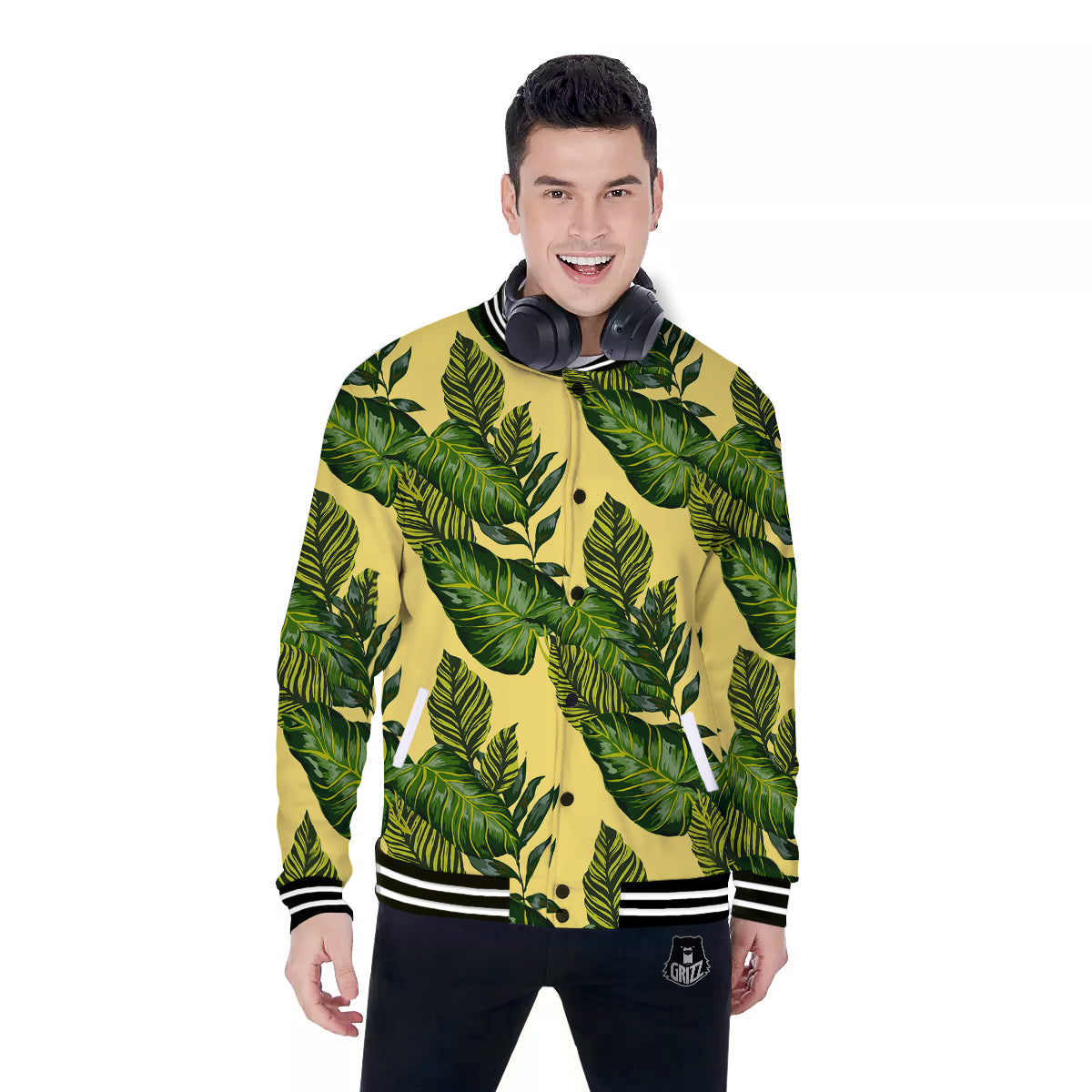 Palm Leaves Yellow Hawaiian Print Pattern Baseball Jacket-grizzshop