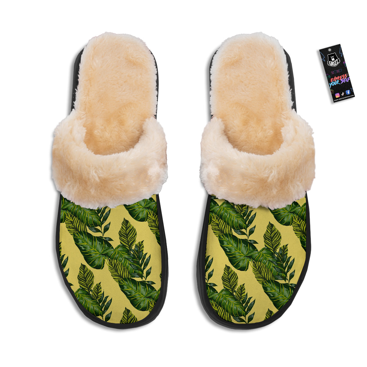 Palm Leaves Yellow Hawaiian Print Pattern Slippers-grizzshop
