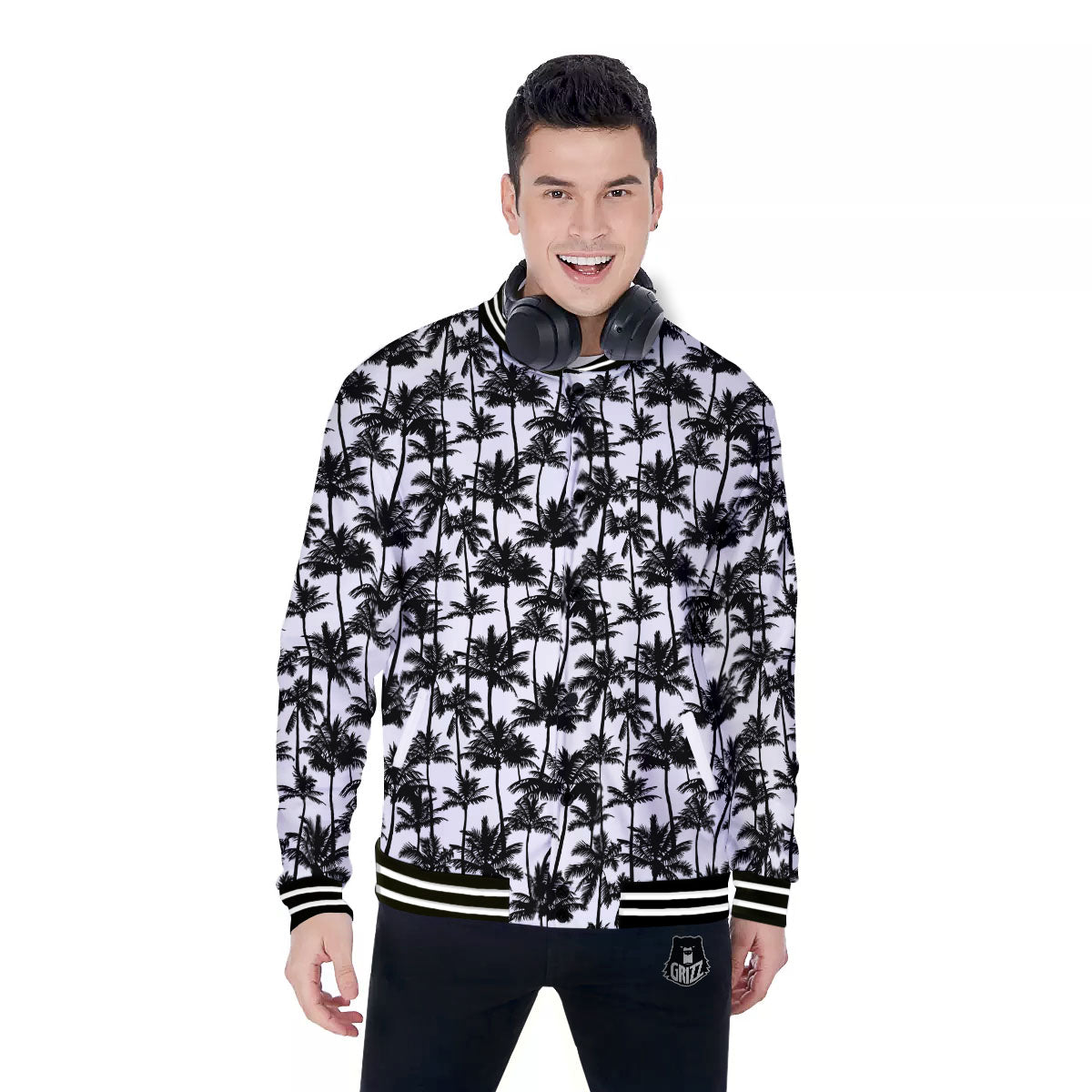 Palm Tree Black White Print Pattern Baseball Jacket-grizzshop