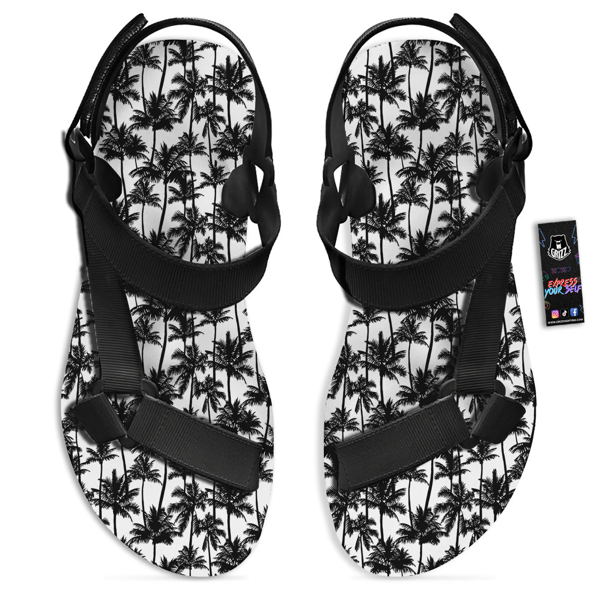 Palm Tree Black White Print Pattern Black Open Toe Sandals-grizzshop