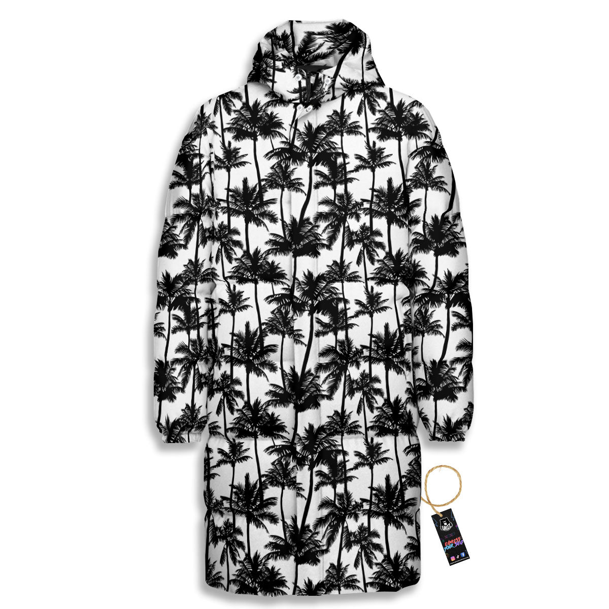 Palm Tree Black White Print Pattern Long Down Jacket-grizzshop