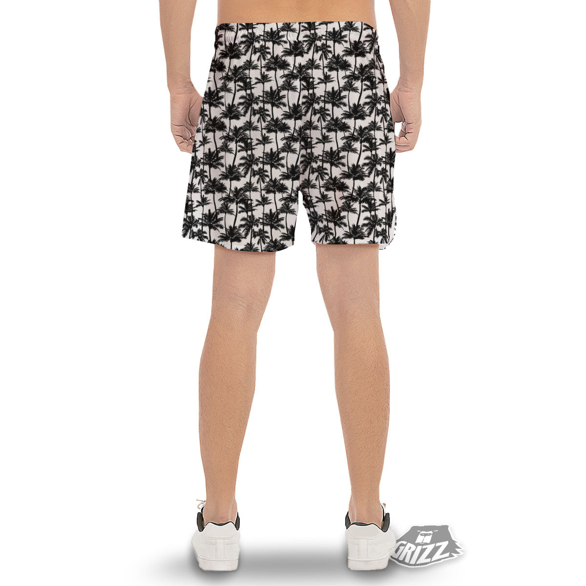 Palm Tree Black White Print Pattern Men's Gym Shorts-grizzshop
