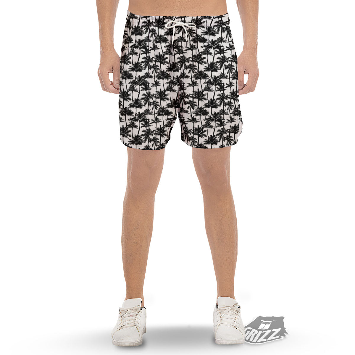 Palm Tree Black White Print Pattern Men's Gym Shorts-grizzshop
