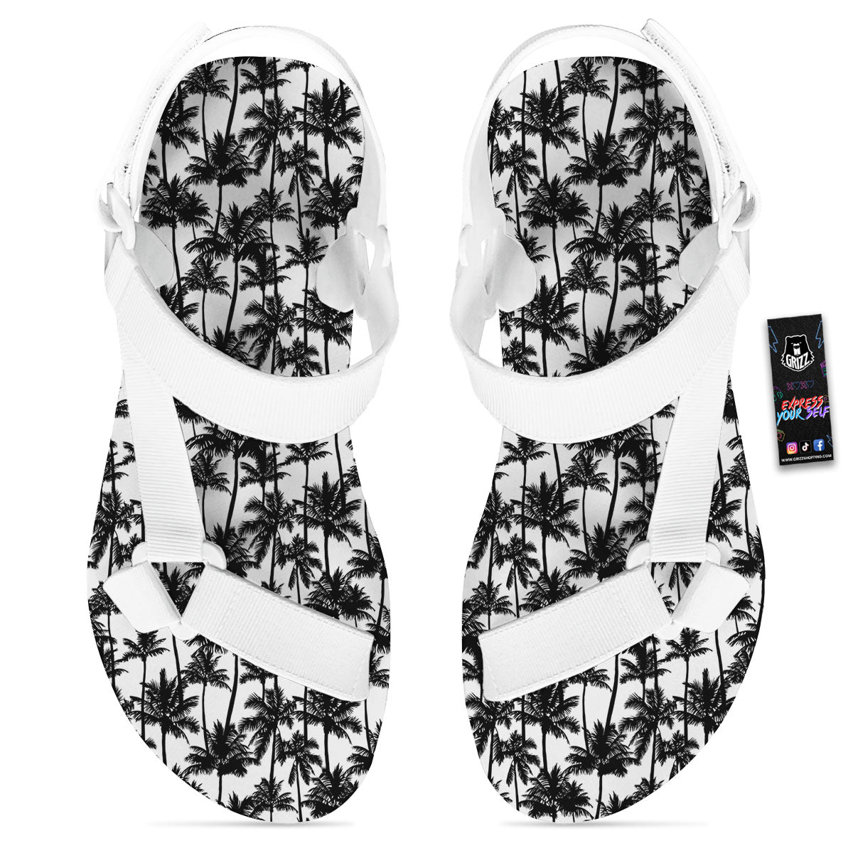 Palm Tree Black White Print Pattern White Open Toe Sandals-grizzshop