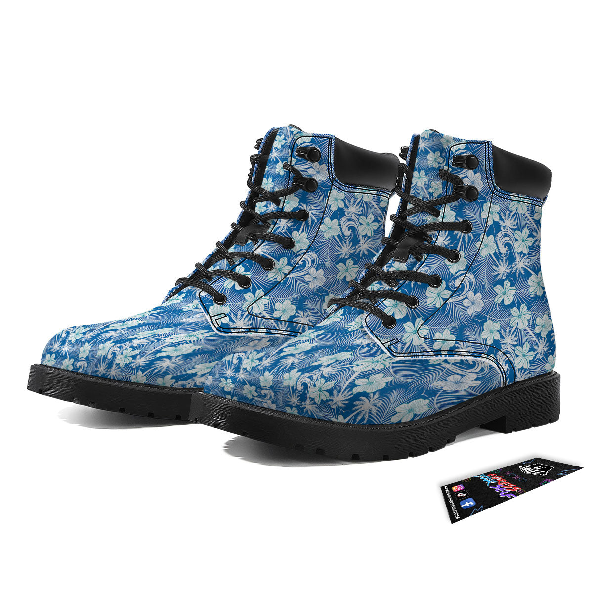 Palm Tree Blue Hibiscus Print Pattern Boots-grizzshop