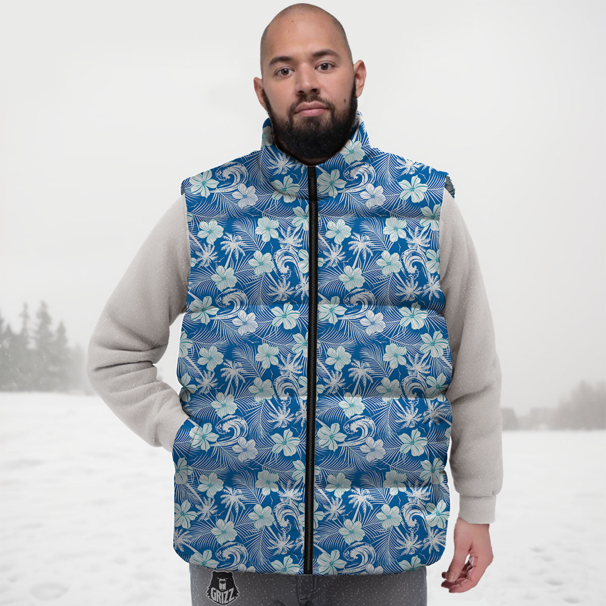 Palm Tree Blue Hibiscus Print Pattern Down Vest
