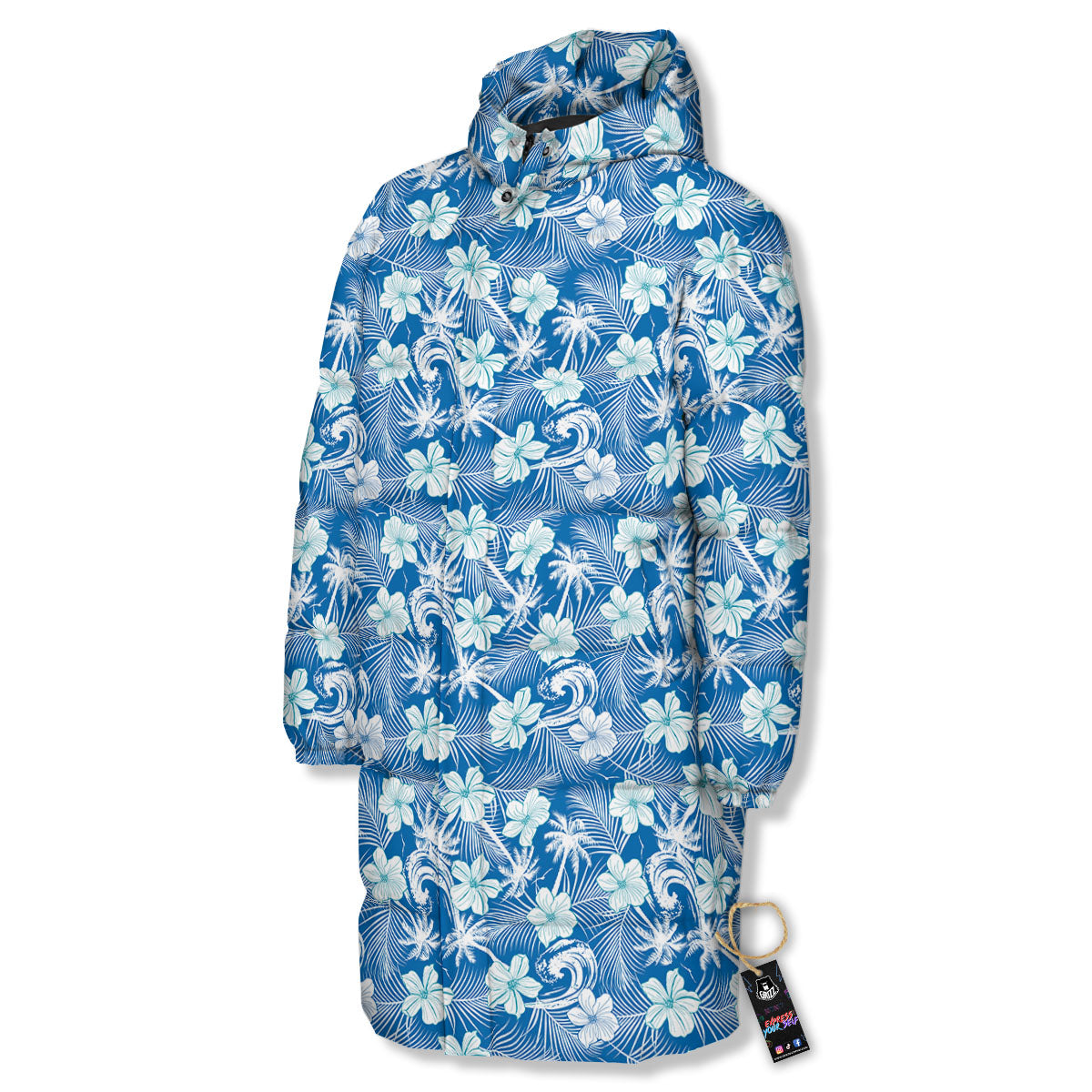 Palm Tree Blue Hibiscus Print Pattern Long Down Jacket-grizzshop