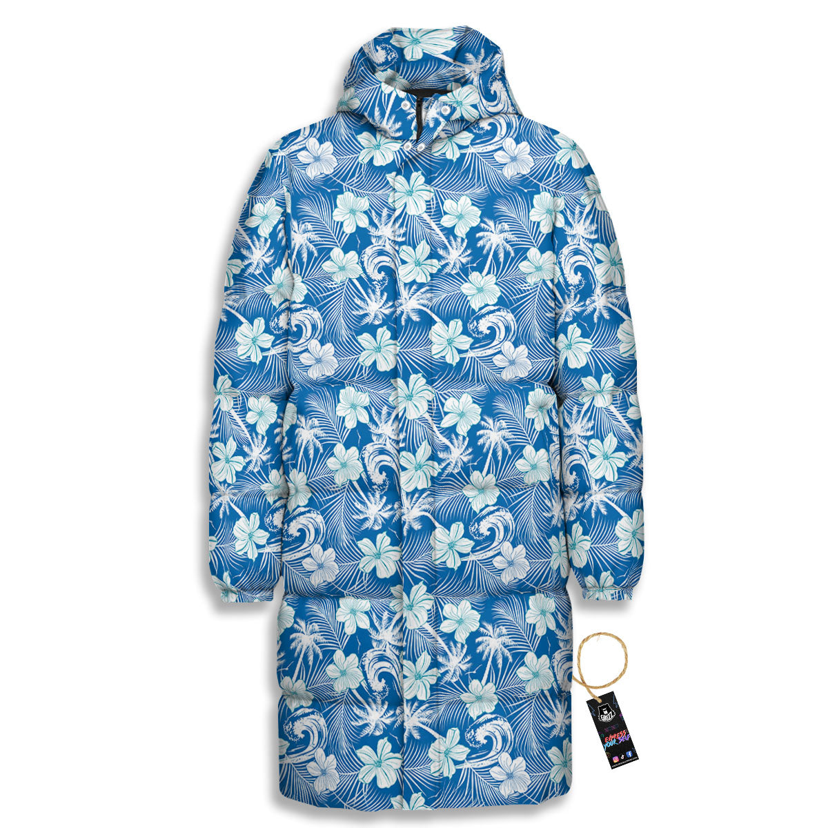 Palm Tree Blue Hibiscus Print Pattern Long Down Jacket-grizzshop