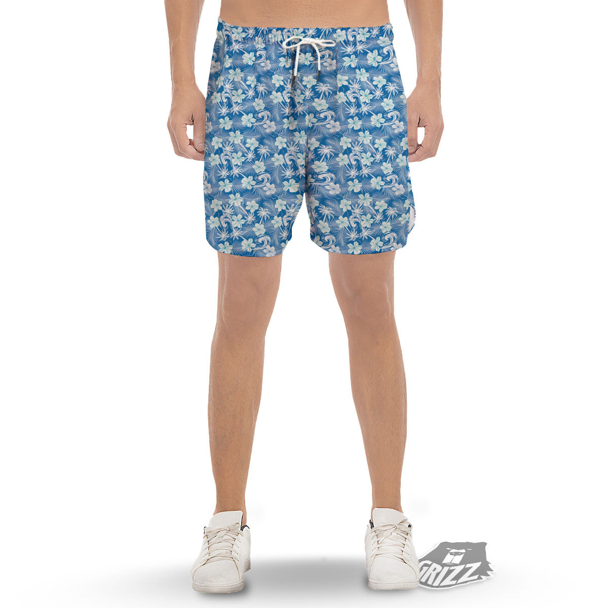 Palm Tree Blue Hibiscus Print Pattern Men's Gym Shorts-grizzshop