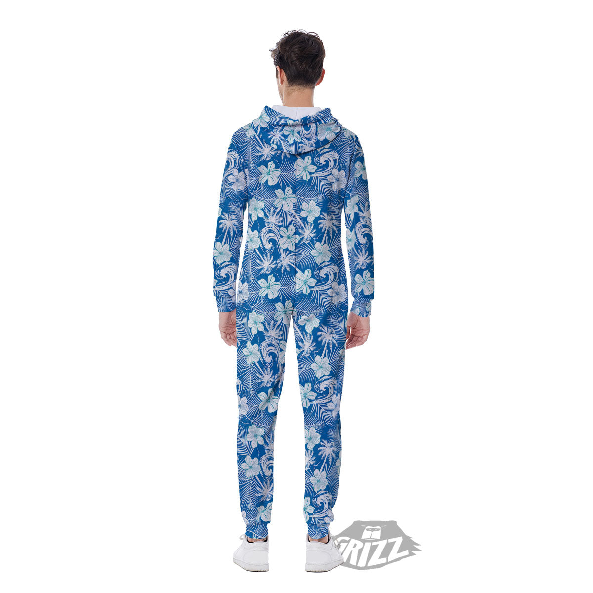 Palm Tree Blue Hibiscus Print Pattern Men's Jumpsuit-grizzshop