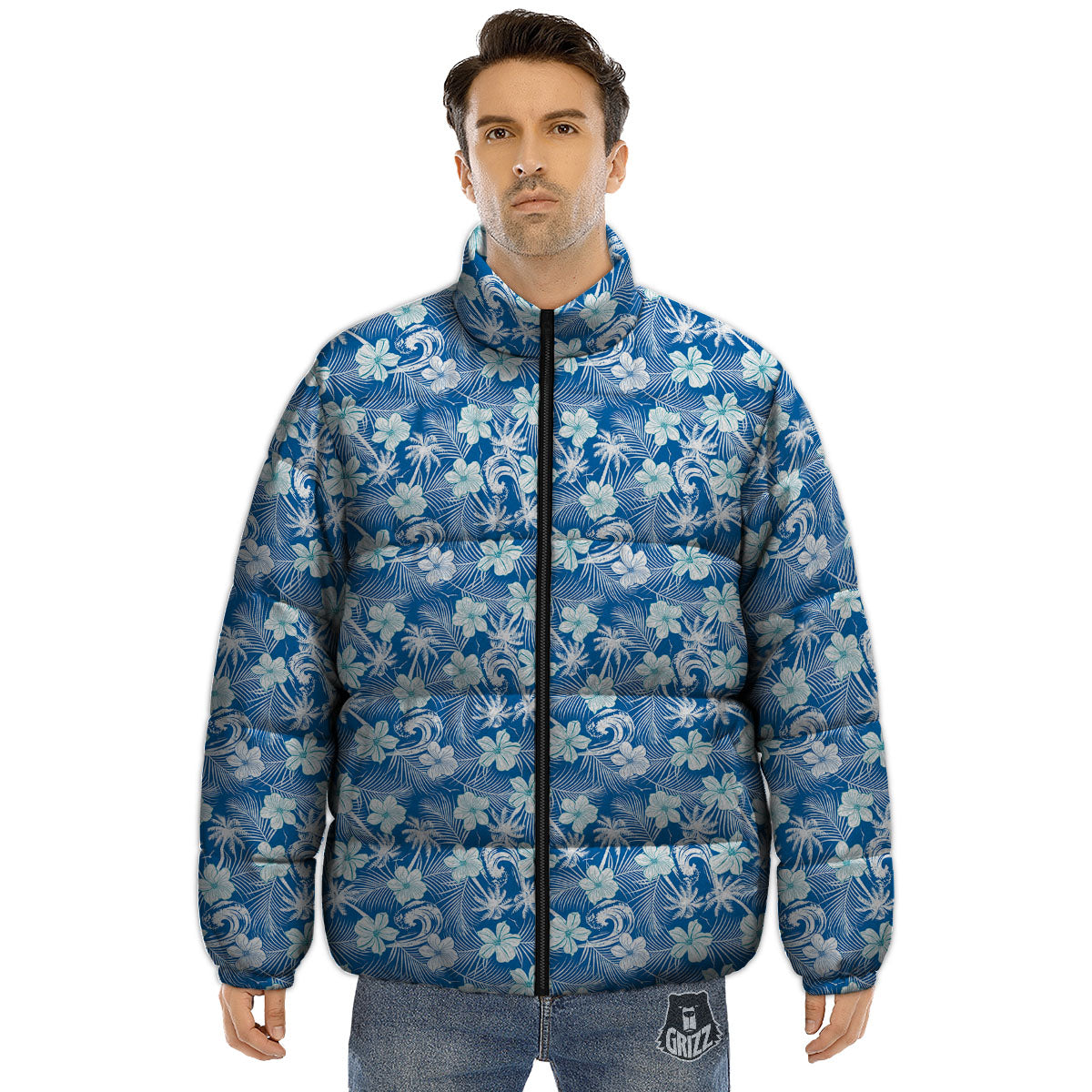 Palm Tree Blue Hibiscus Print Pattern Puffer Jacket-grizzshop
