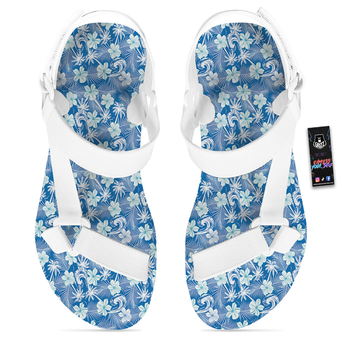 Palm Tree Blue Hibiscus Print Pattern White Open Toe Sandals-grizzshop