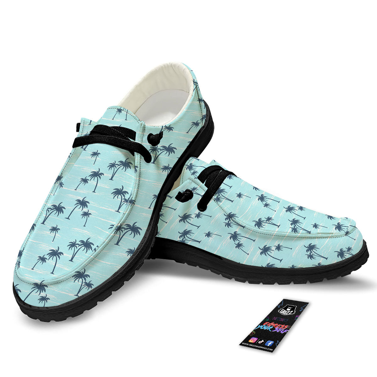 Palm Tree Blue Print Pattern Black Loafers-grizzshop