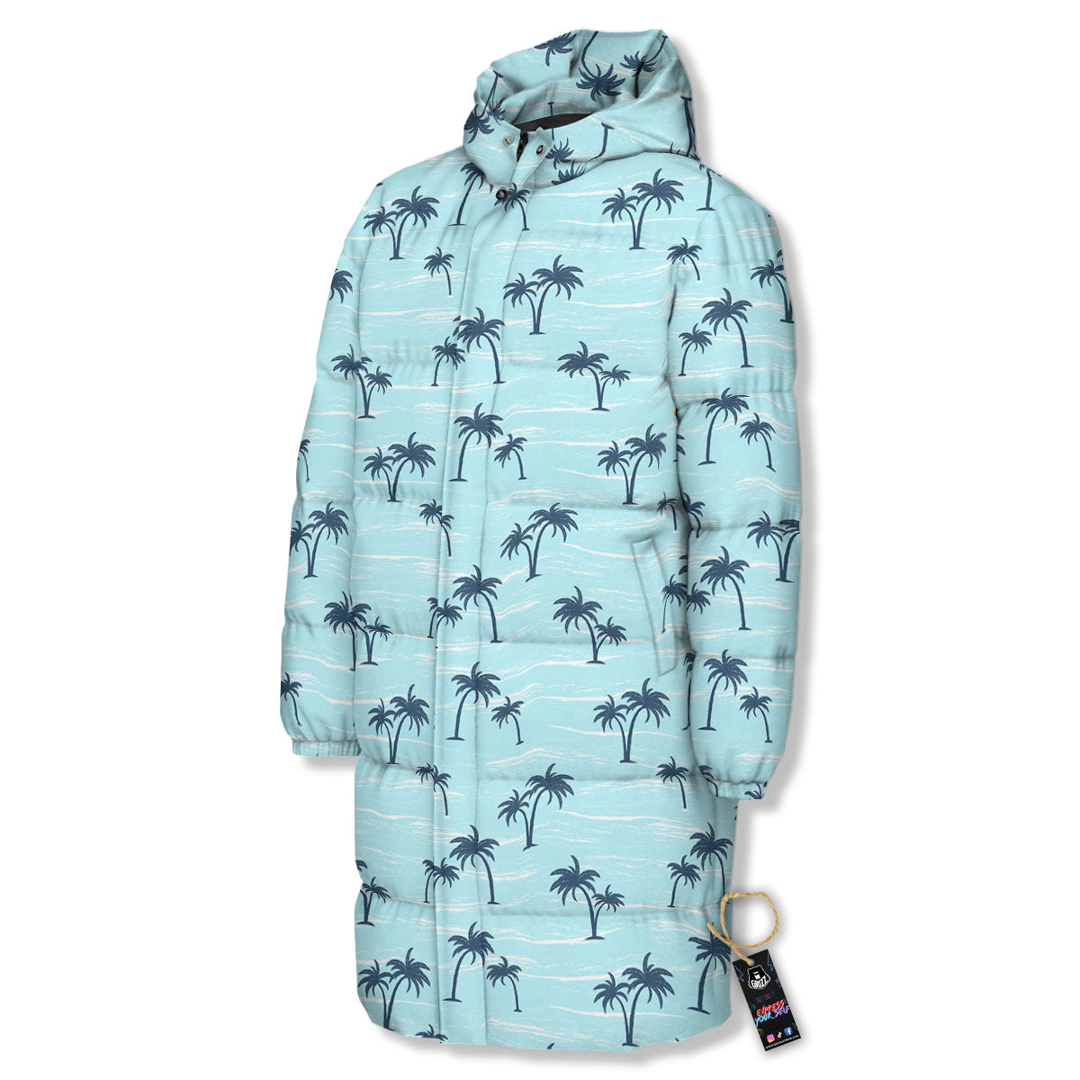 Palm Tree Blue Print Pattern Long Down Jacket-grizzshop