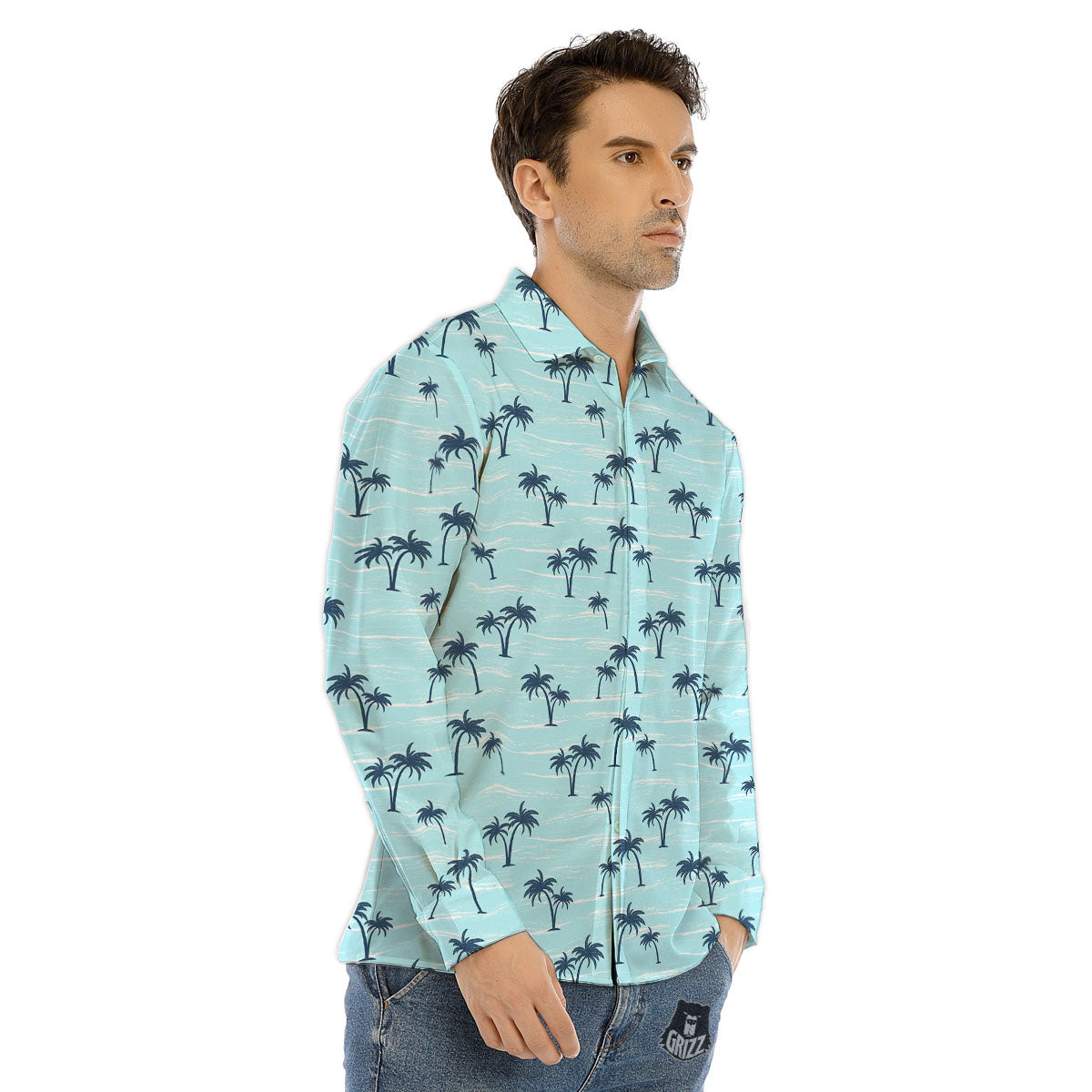 Palm Tree Blue Print Pattern Men's Dress Shirts-grizzshop