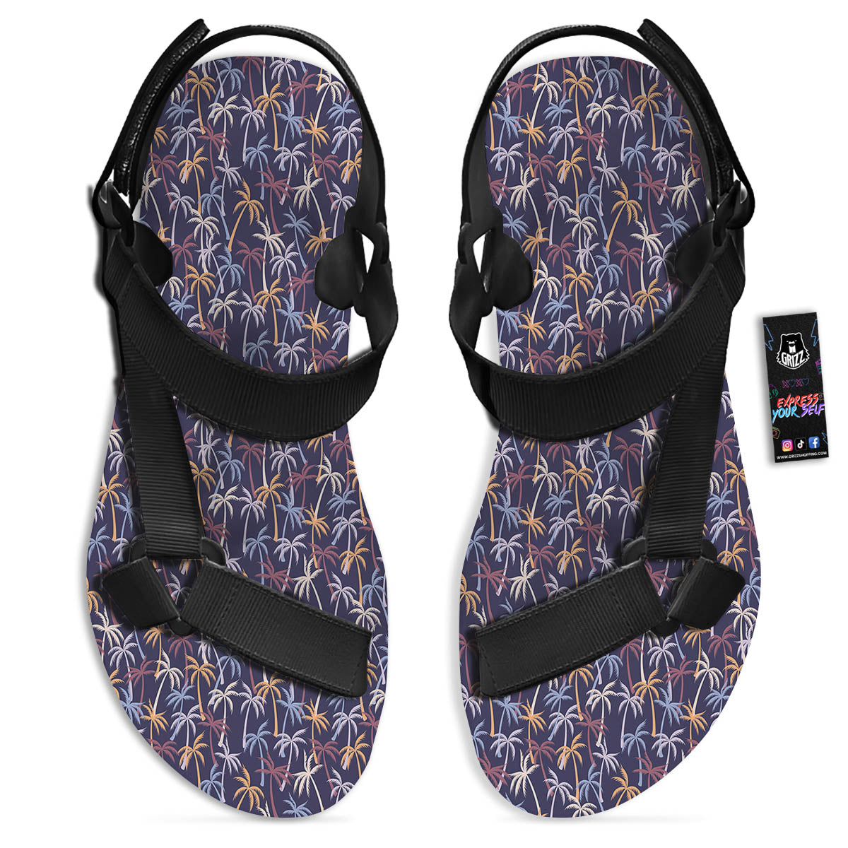 Palm Tree Colorful Print Pattern Black Open Toe Sandals-grizzshop