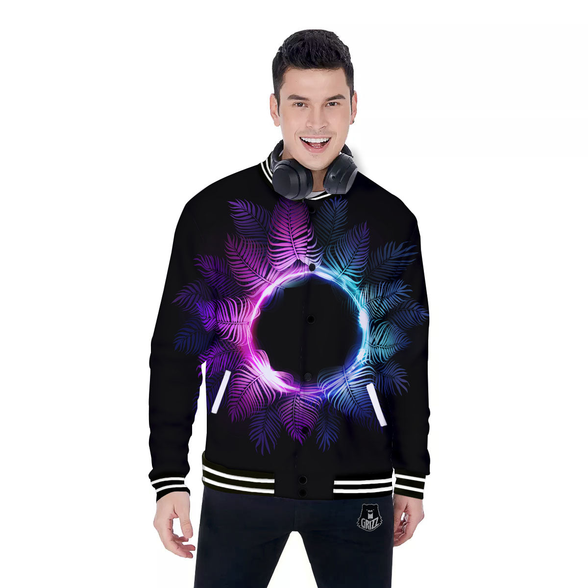 Palm Tree EDM Beach Print Baseball Jacket-grizzshop
