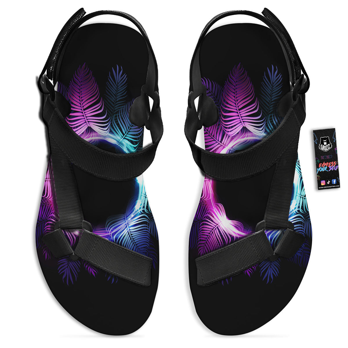 Palm Tree EDM Beach Print Black Open Toe Sandals-grizzshop