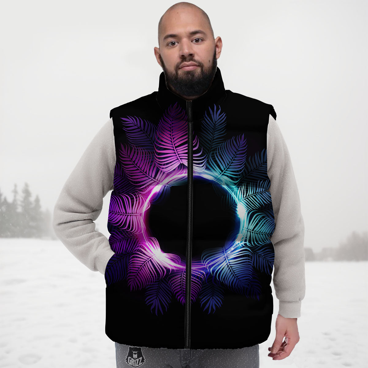 Palm Tree EDM Beach Print Down Vest-grizzshop