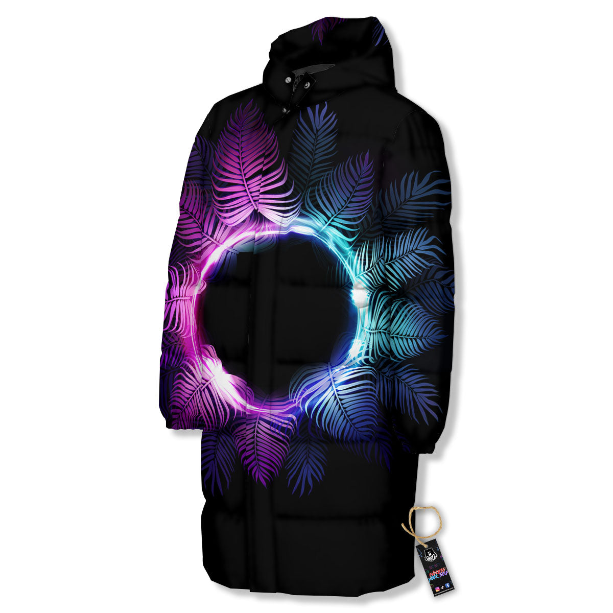 Palm Tree EDM Beach Print Long Down Jacket-grizzshop