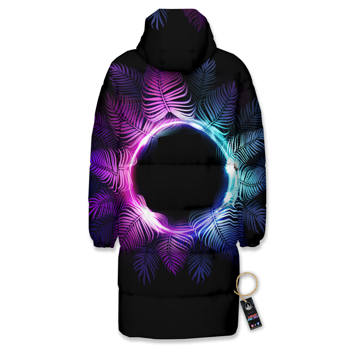 Palm Tree EDM Beach Print Long Down Jacket-grizzshop