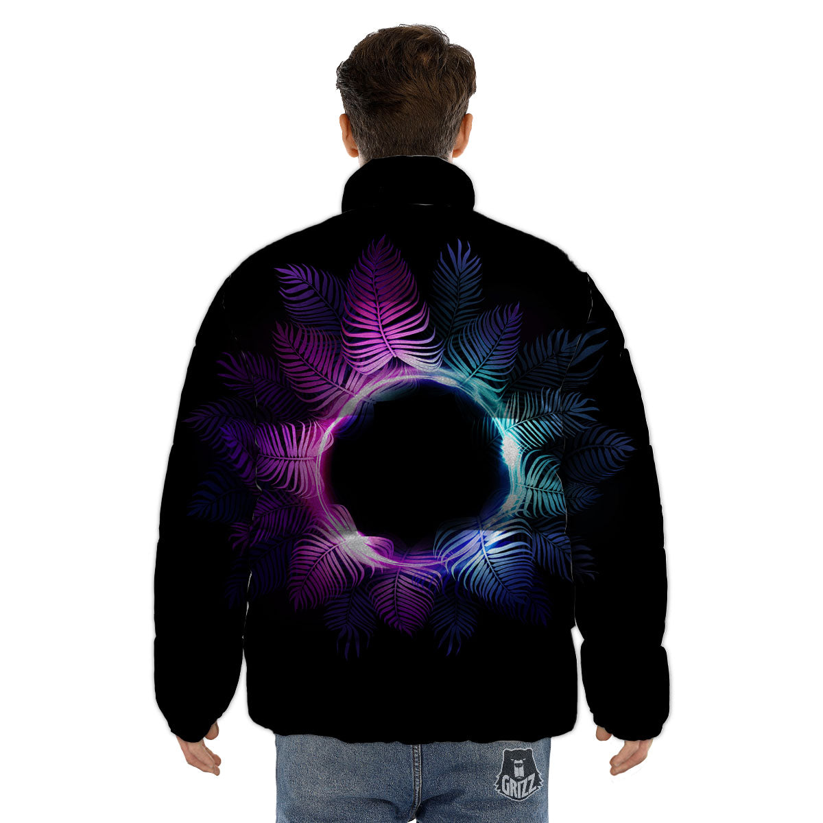 Palm Tree EDM Beach Print Puffer Jacket-grizzshop