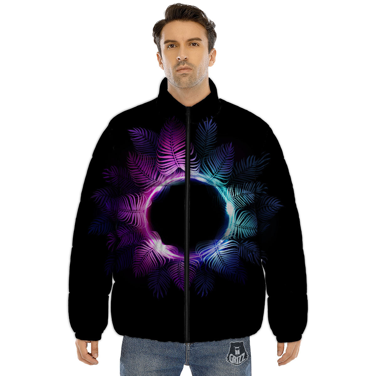 Palm Tree EDM Beach Print Puffer Jacket-grizzshop