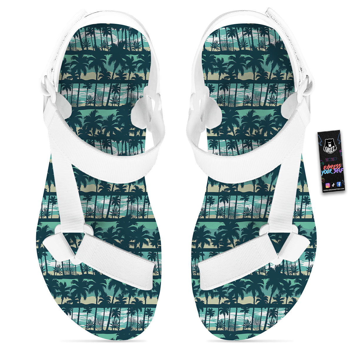 Palm Tree Print Pattern White Open Toe Sandals-grizzshop