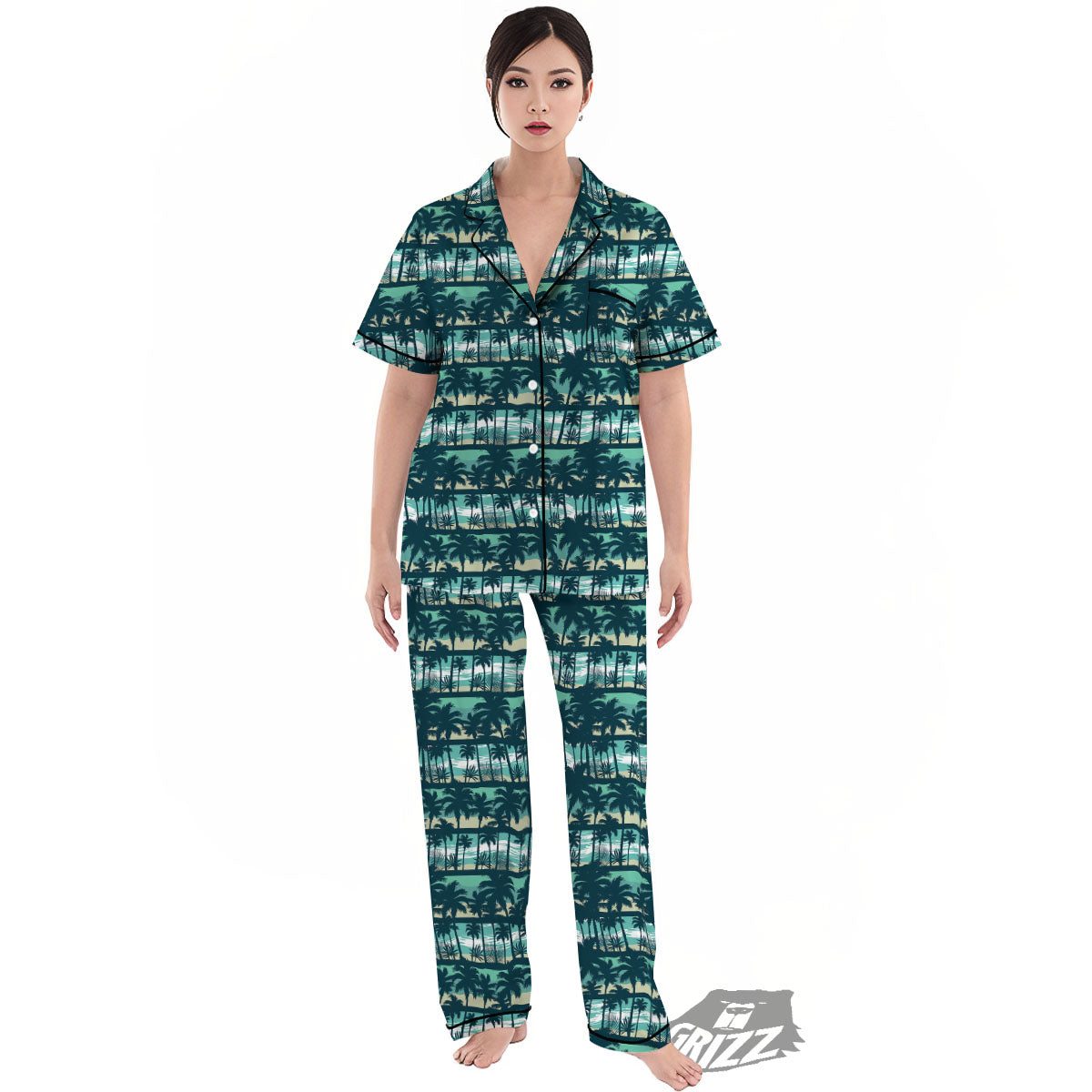 Palm Tree Print Pattern Women's Pajamas Set-grizzshop
