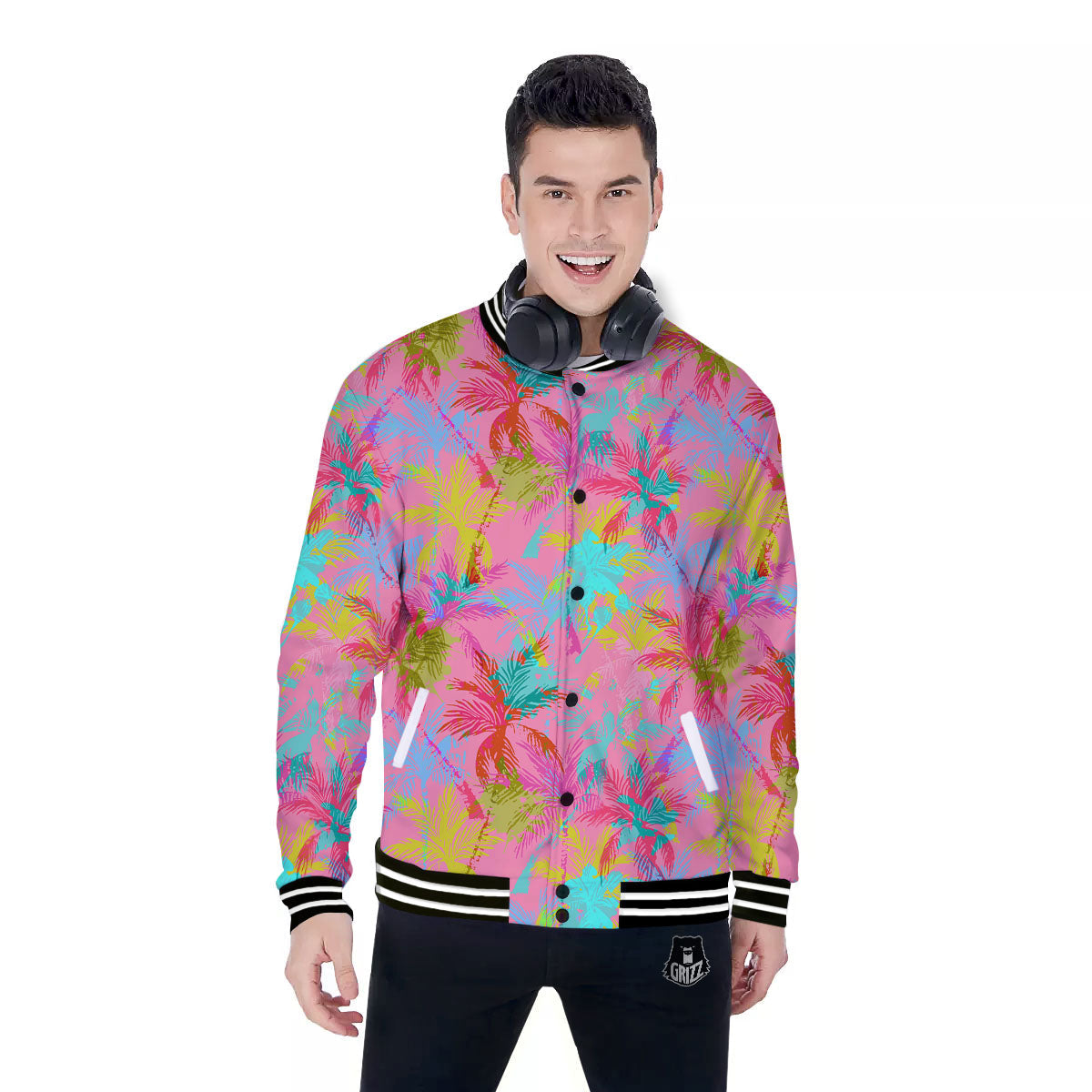 Palm Tree Rainbow Print Pattern Baseball Jacket-grizzshop