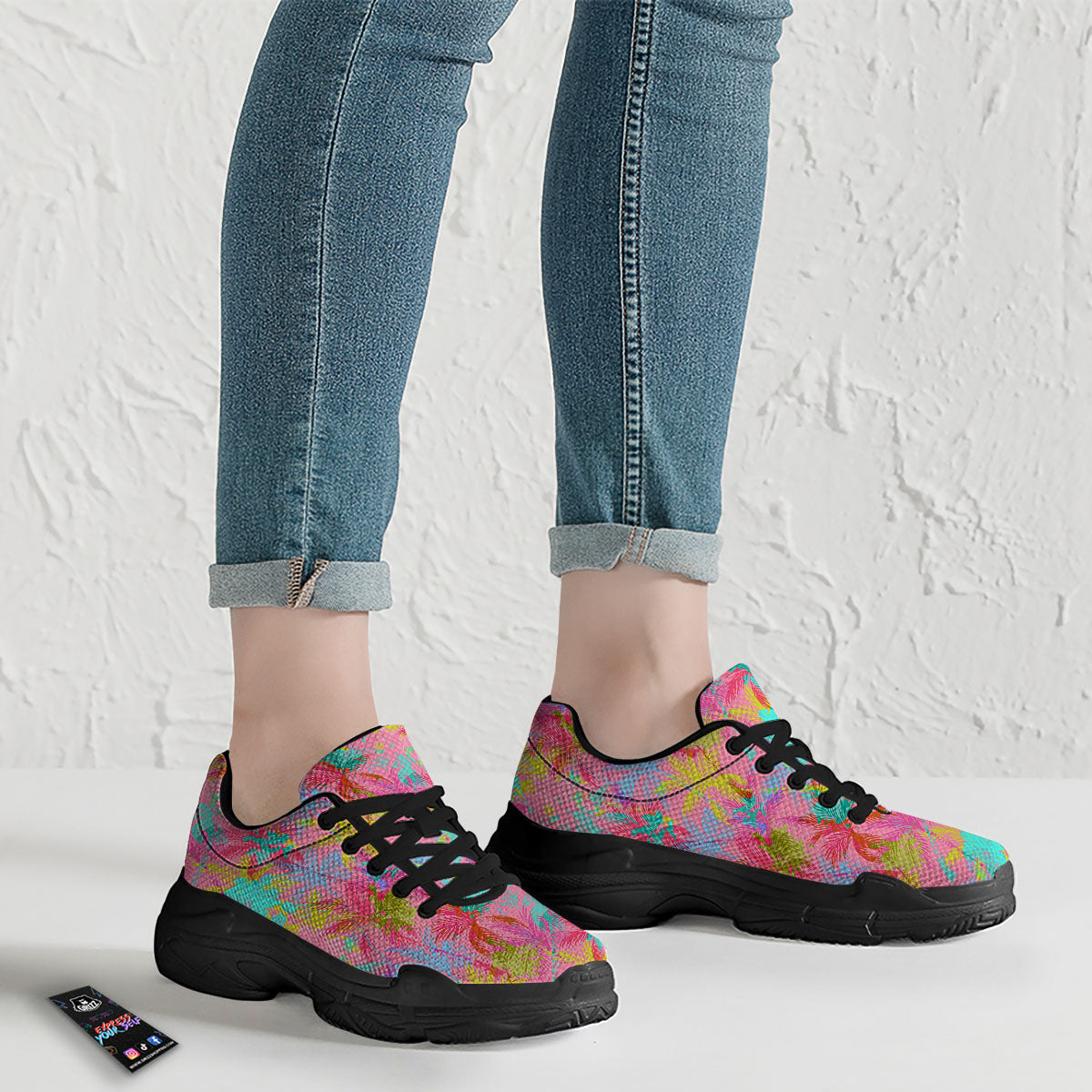 Palm Tree Rainbow Print Pattern Black Chunky Shoes-grizzshop