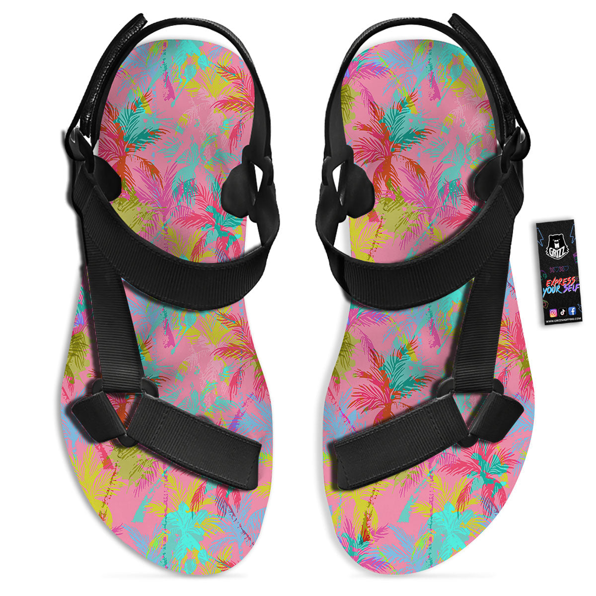 Palm Tree Rainbow Print Pattern Black Open Toe Sandals-grizzshop