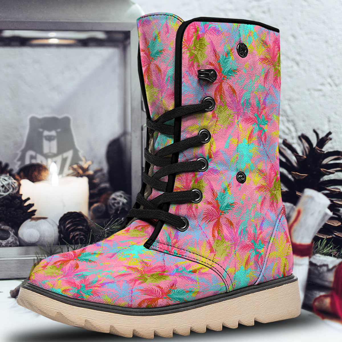 Palm Tree Rainbow Print Pattern Snow Boots-grizzshop