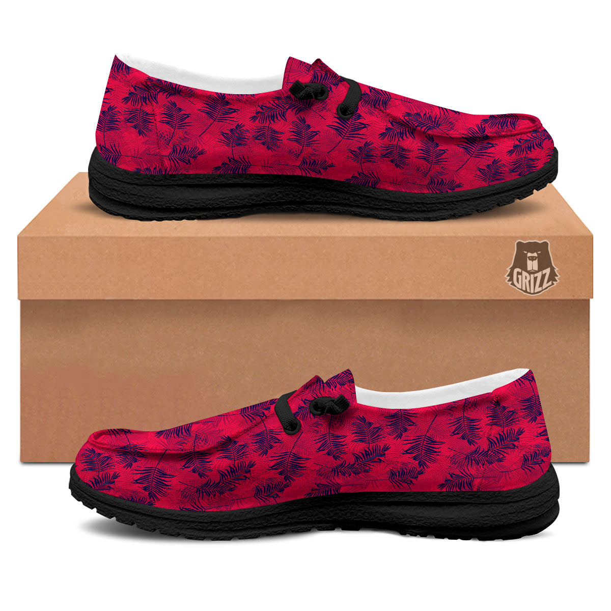 Palm Tree Red Print Pattern Black Loafers-grizzshop