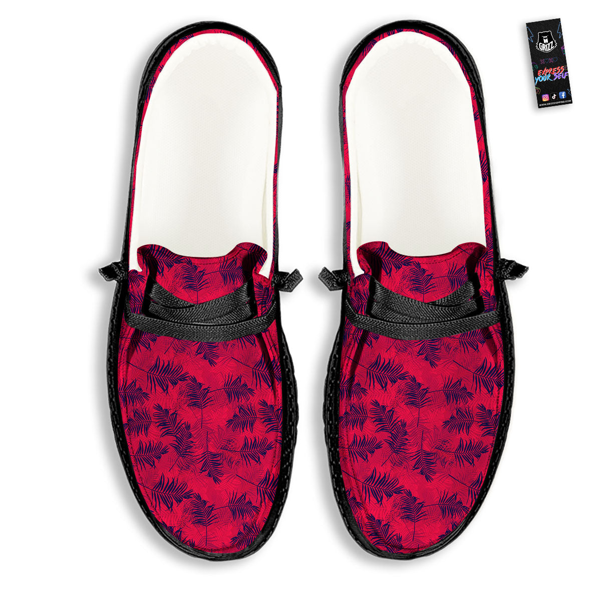 Palm Tree Red Print Pattern Black Loafers-grizzshop