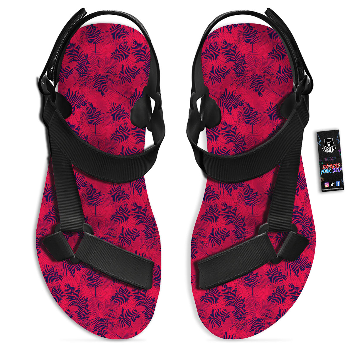 Palm Tree Red Print Pattern Black Open Toe Sandals-grizzshop