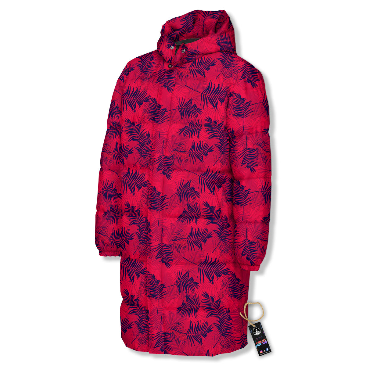 Palm Tree Red Print Pattern Long Down Jacket-grizzshop