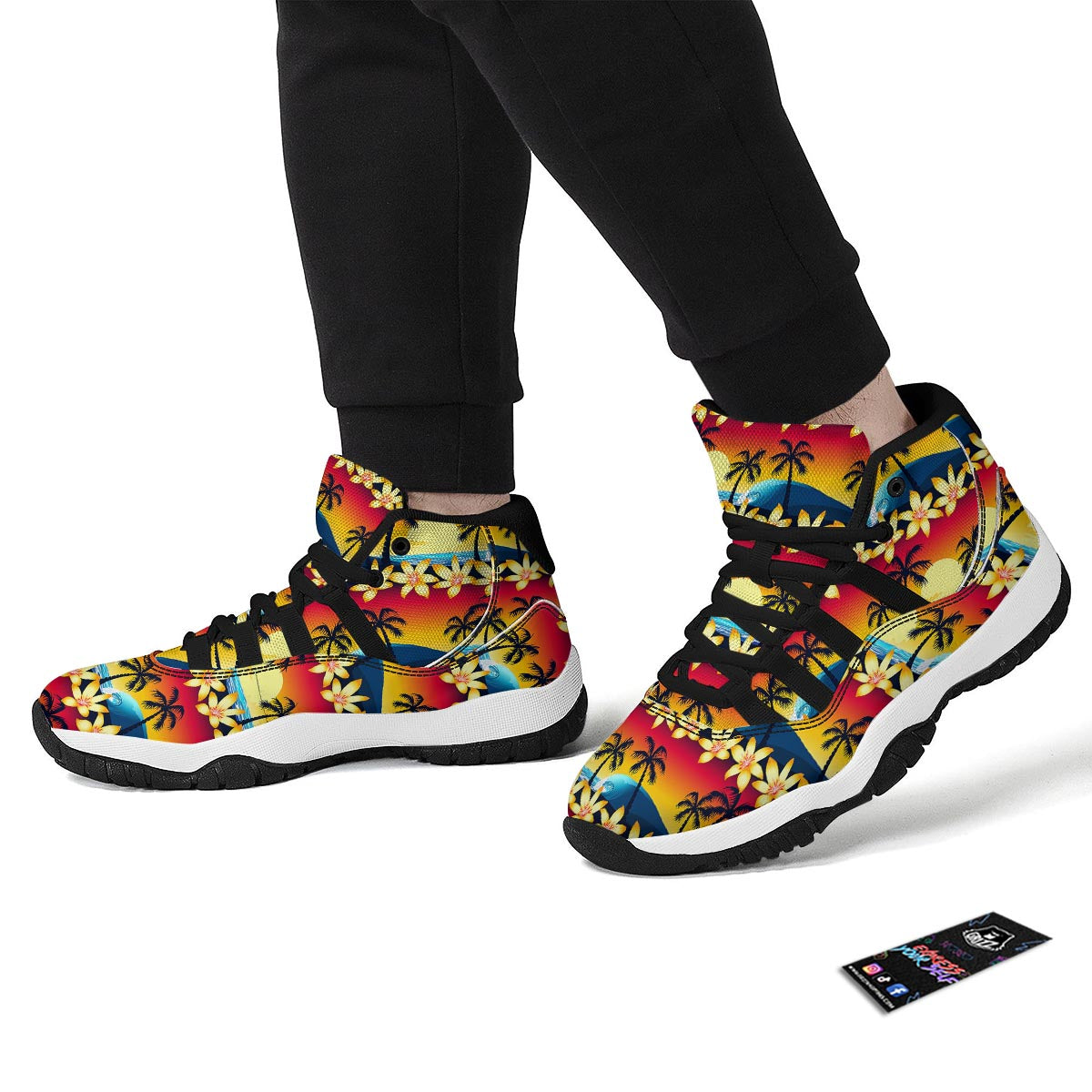 Palm Tree Sunset Hibiscus Print Pattern Black Bball Shoes-grizzshop