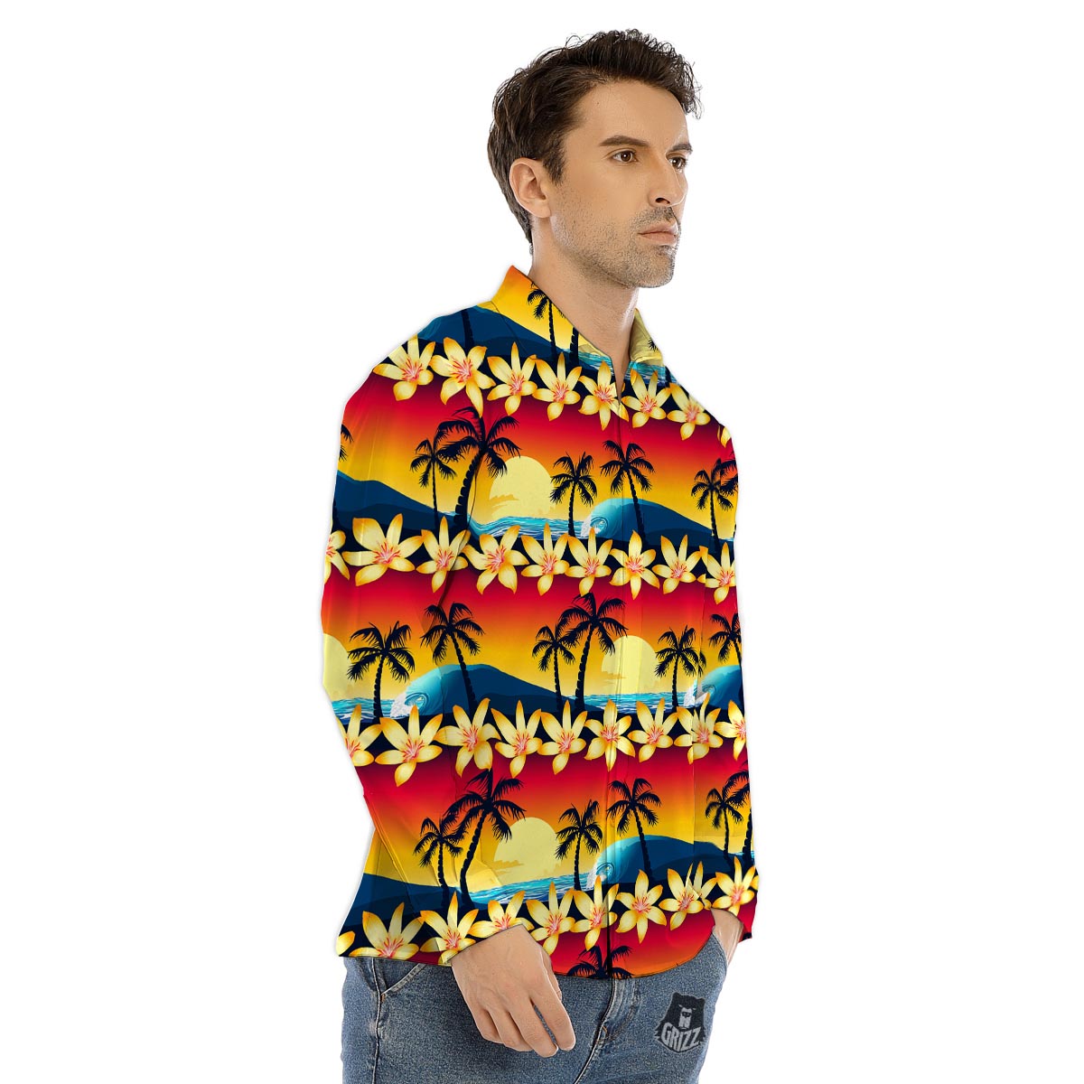 Palm Tree Sunset Hibiscus Print Pattern Men's Dress Shirts-grizzshop