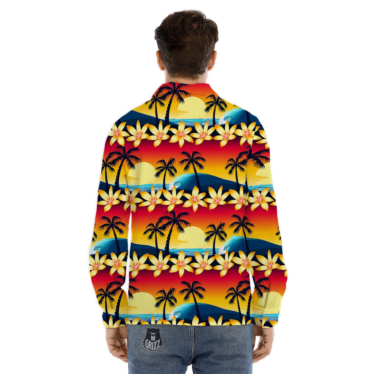 Palm Tree Sunset Hibiscus Print Pattern Men's Dress Shirts-grizzshop