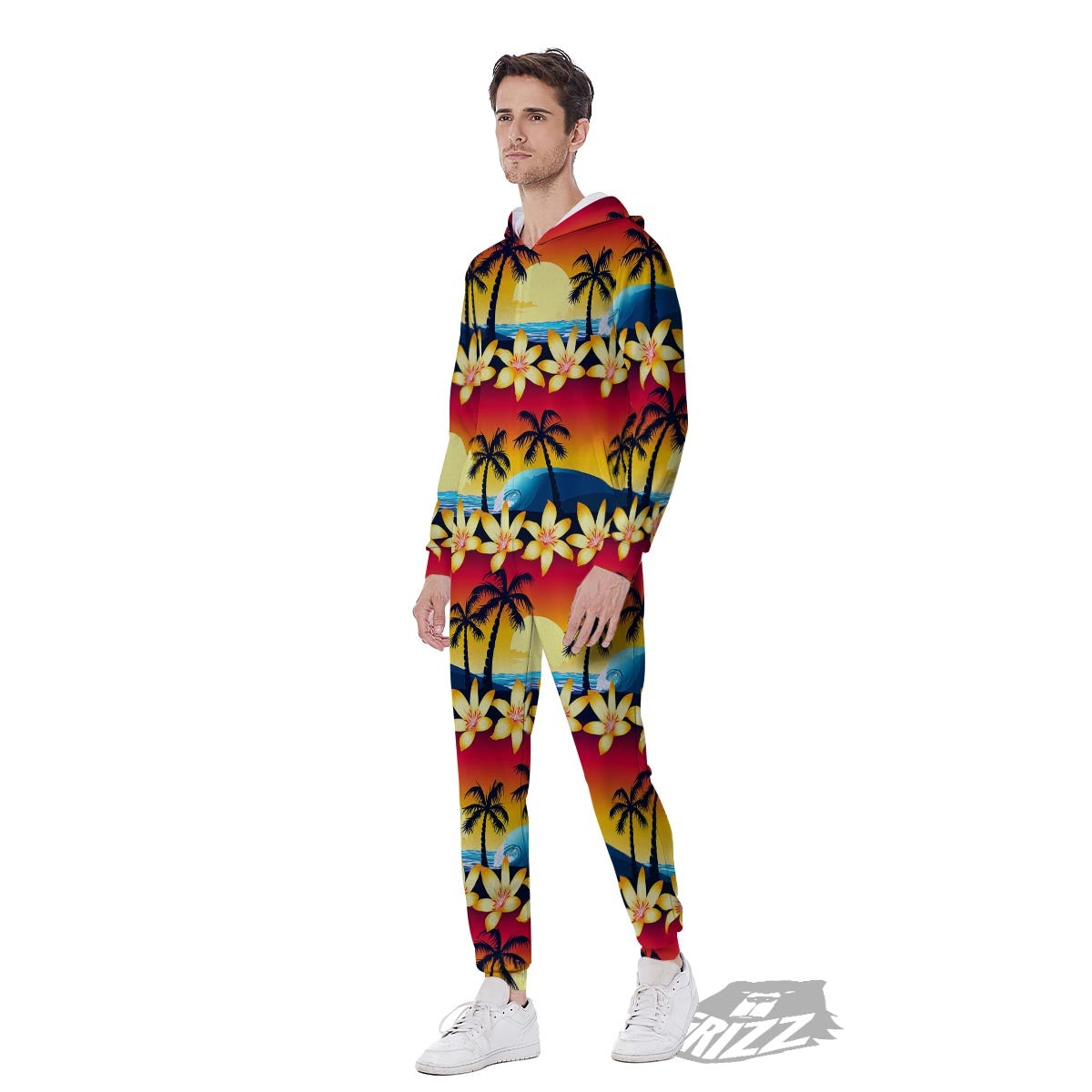 Palm Tree Sunset Hibiscus Print Pattern Men's Jumpsuit-grizzshop